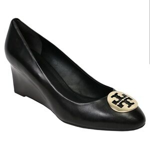 Tory Burch Black Alice Wedges with Gold Accent